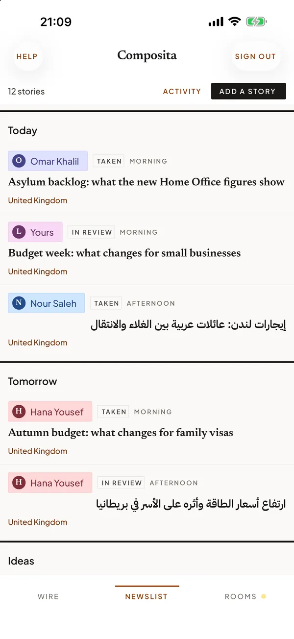 The plan on an iPhone: today’s stories with who holds each, its status and its slot.