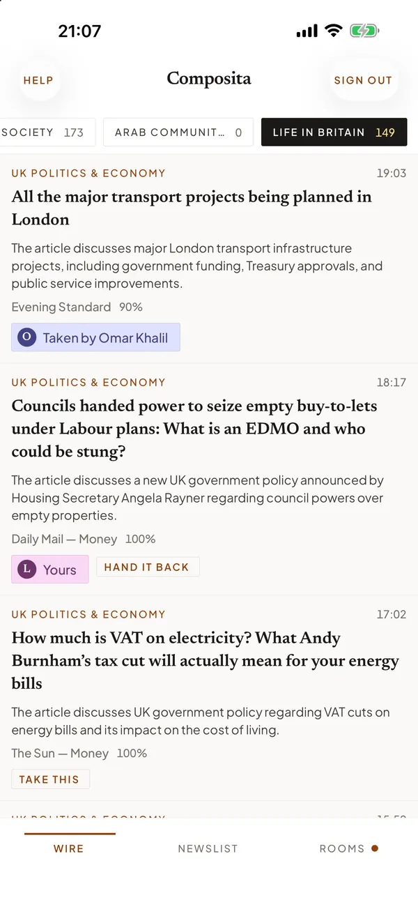 The wire on an iPhone: stories filed by section, one taken by Omar Khalil, one marked as yours.